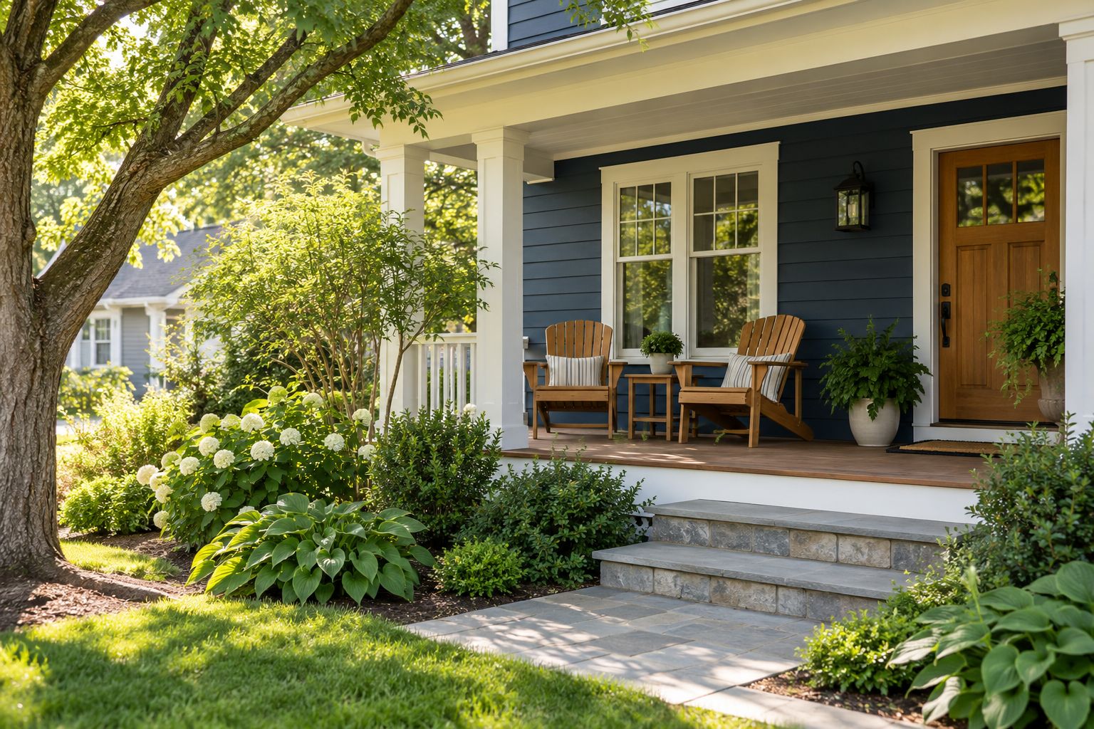 Two wooden chairs on the sunlit porch of a blue home surrounded by a green garden